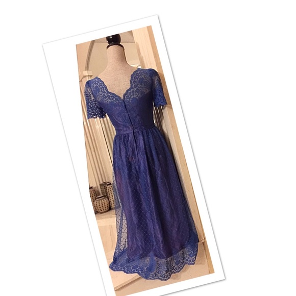 Vintage Blue Lace Pinup Formal Dress Pennys 80s S - Picture 2 of 8